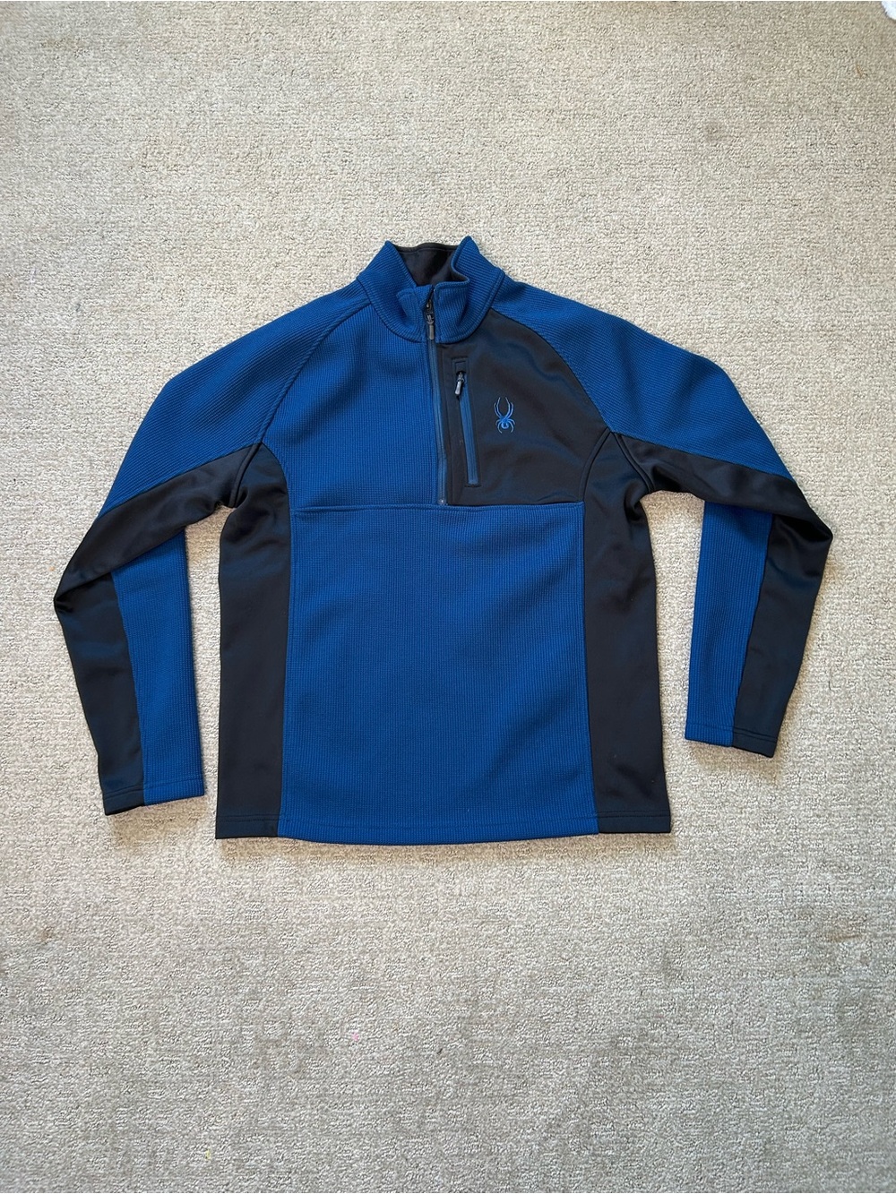 Spyder Active Pullover 1/4 Zip Mens LG Blue Fleece Lined Long Sleeve Waffle Knit